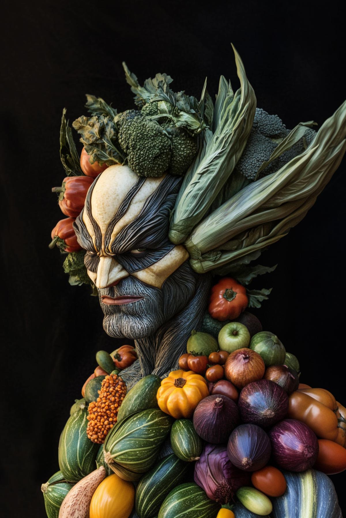 image of Wolverine from comics in the form of vegetables, In the style of Giuseppe Arcimboldo