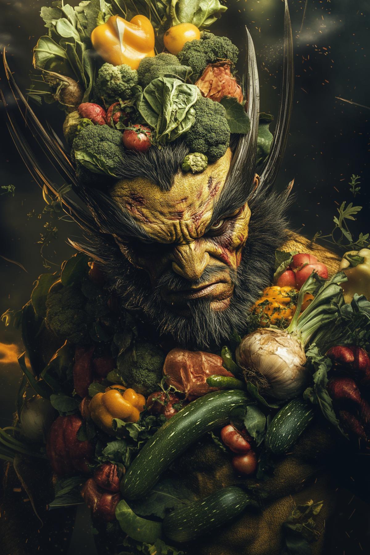 image of a comic book wolverine in the form of vegetables, In the style of Giuseppe Arcimboldo, flickering, realistic image, photoshop