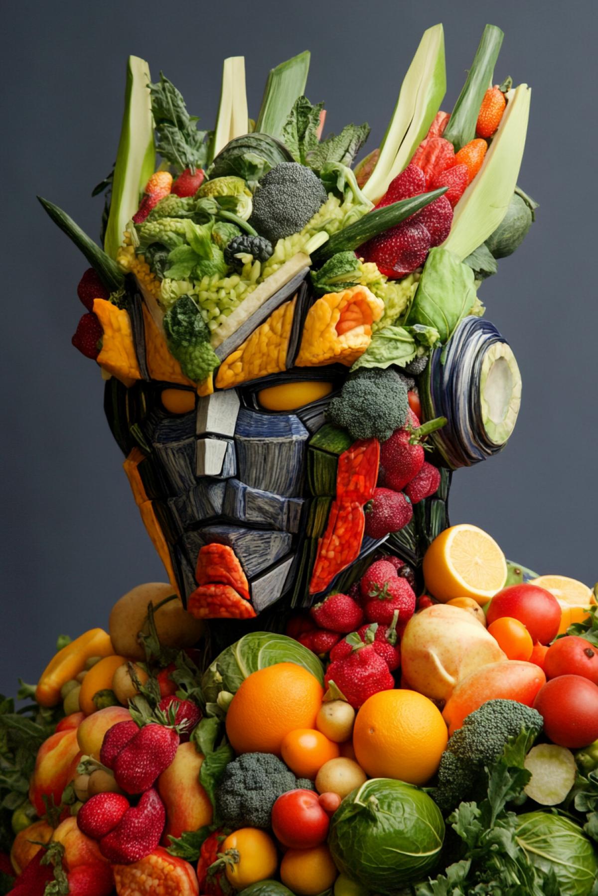 Transformer Autobot made of vegetables and fruits in the style of Giuseppe Arcimboldo