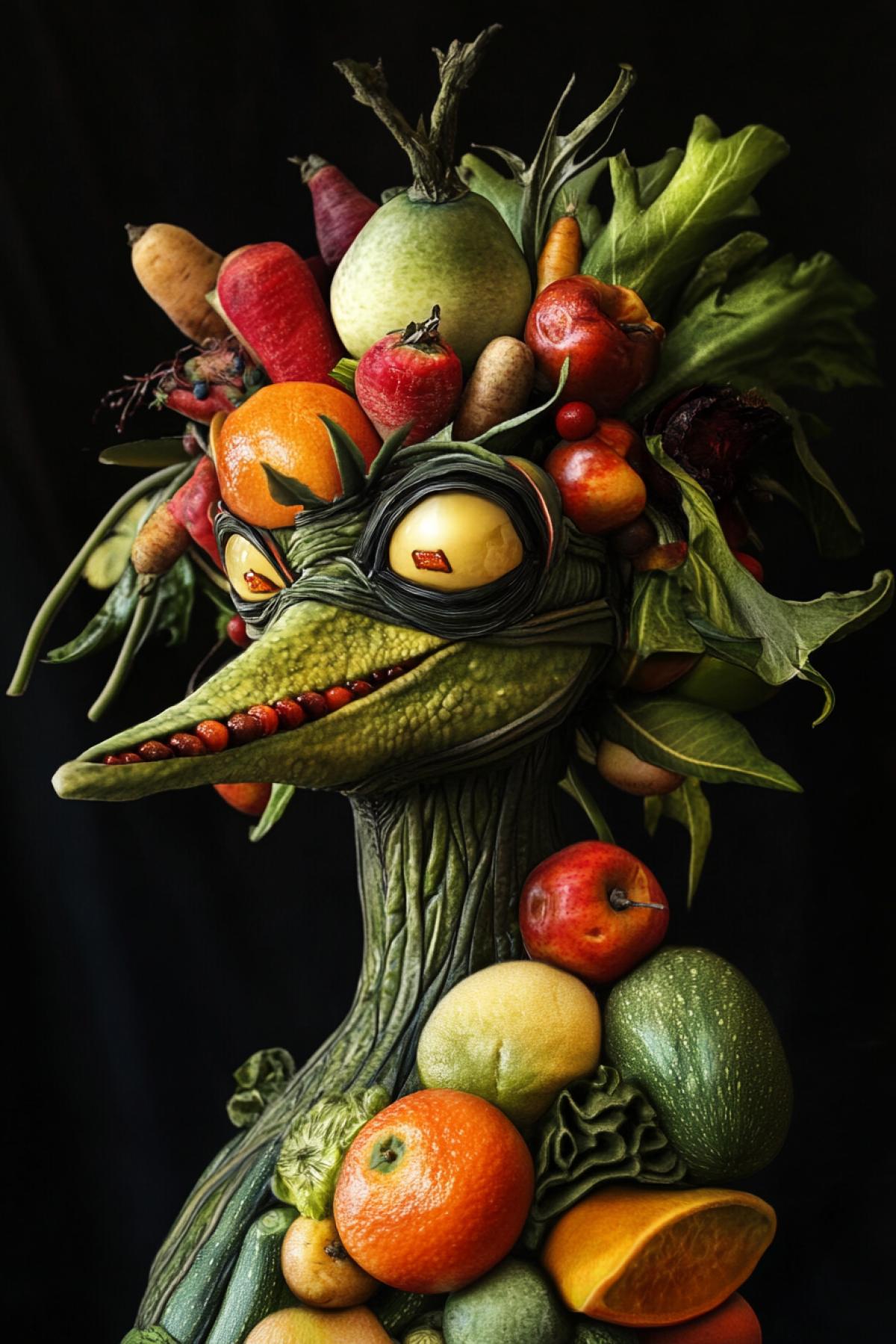 Vegetable fruit character from Mortal Kombat in the style of Giuseppe Arcimboldo.