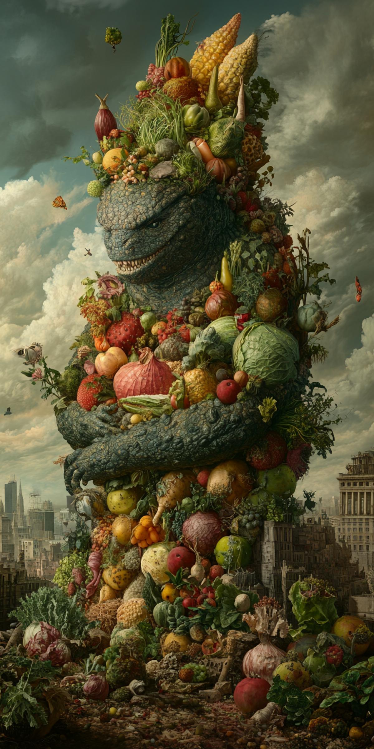 Vegetable Fruit big Kaiju in the style of Giuseppe Arcimboldo over the city