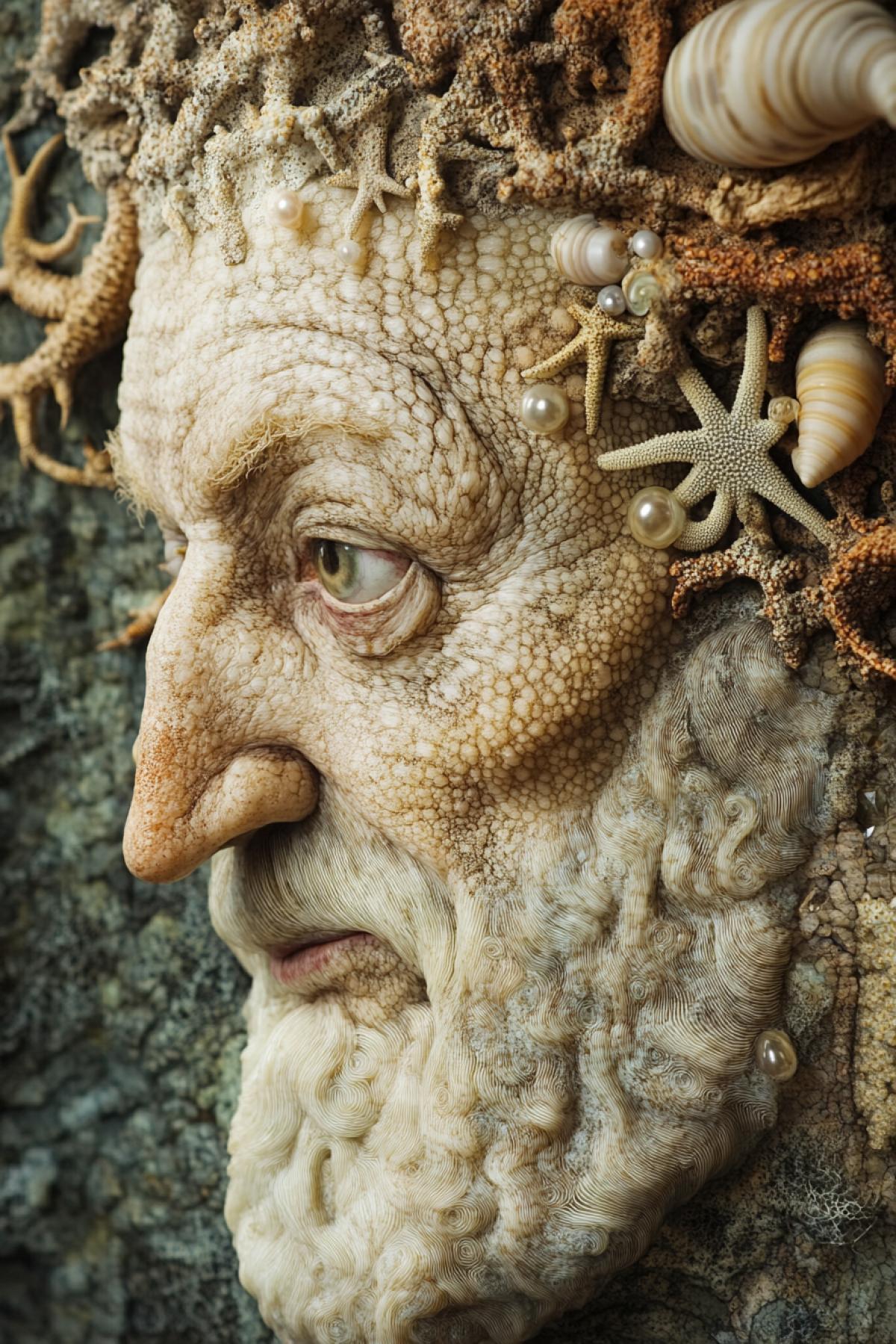 Portrait of a wise old man in the style of Giuseppe Arcimboldo, whose face is entirely com4kd of sea elements: a beard made of coral branches, eyes made of mother-of-pearl shells, a nose made of a fragment of an ancient anchor, and wrinkles traced with seaweed. Instead of hair there are swaying waves, and his ears resemble the spiral shells of snails. On the neck is a necklace of pearls and starfish.