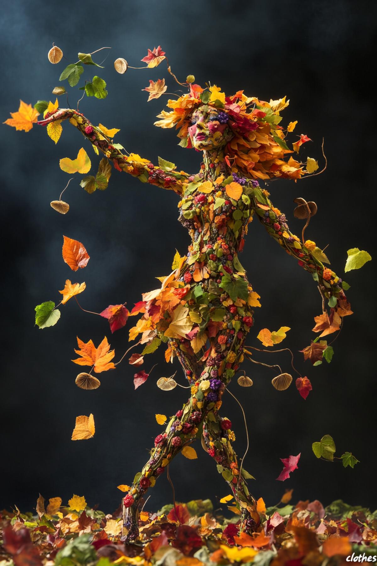 🟥An image of a dancing woman in the style of Giuseppe Arcimboldo, com4kd of colorful autumn leaves, flowers and mushrooms. Her hair is golden vines flowing down, her is made of intertwined stems and buds, and her arms and legs are made of maple and oak leaves. Flowers and mushrooms from her \"clothes\" seem to rustle when she moves, and her eyes flicker like drops of dew.
