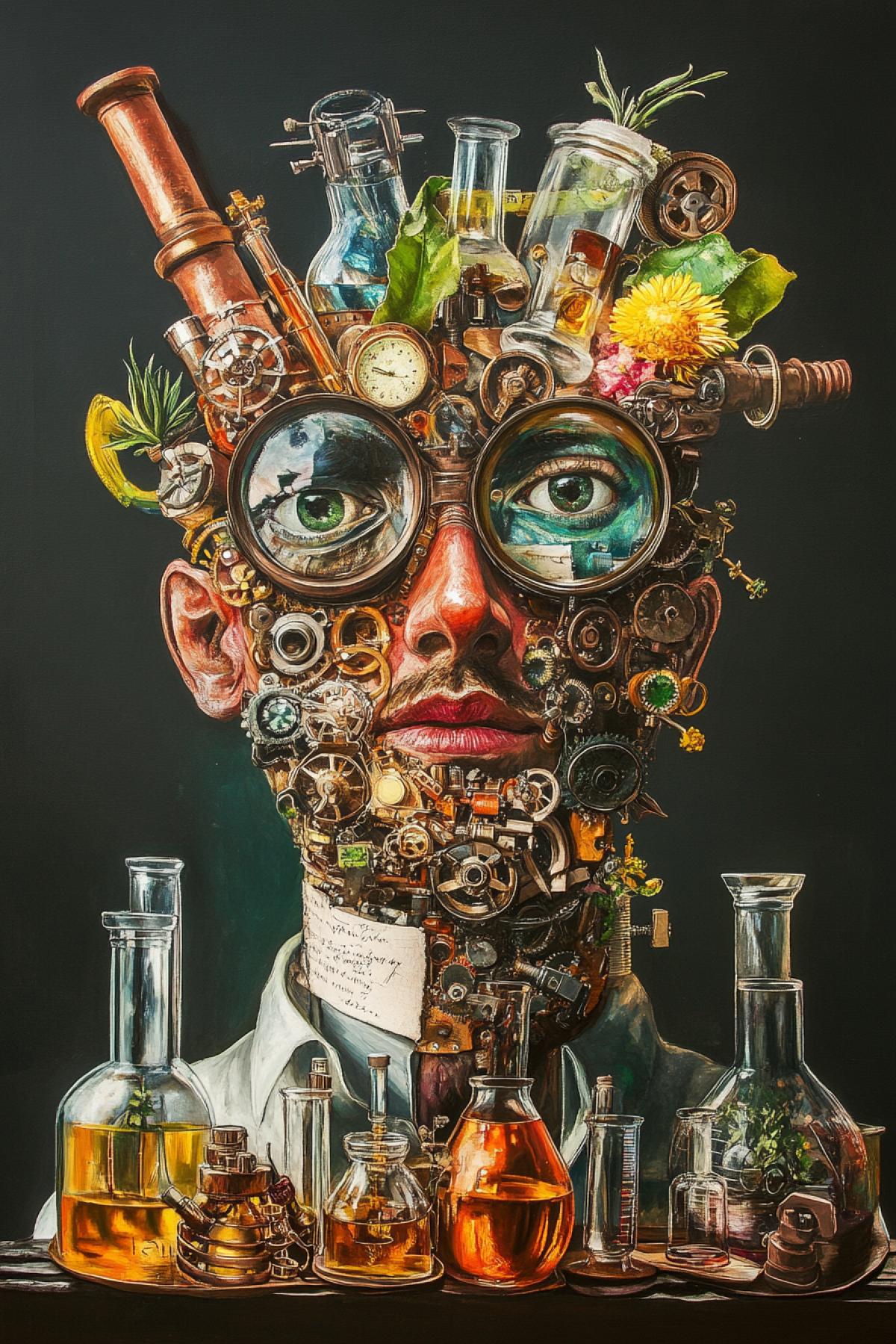 Portrait of an alchemist in the style of Giuseppe Arcimboldo, whose face is assembled from laboratory elements: eyes from magnifying glasses, a nose from a copper retort, hair from glass test tubes filled with colorful liquids, and lips from folded parchments. Flasks and wheels containing exotic plants and strange mechanisms spin around the head. His hands are made of rusty mechanisms and parts of old watches.