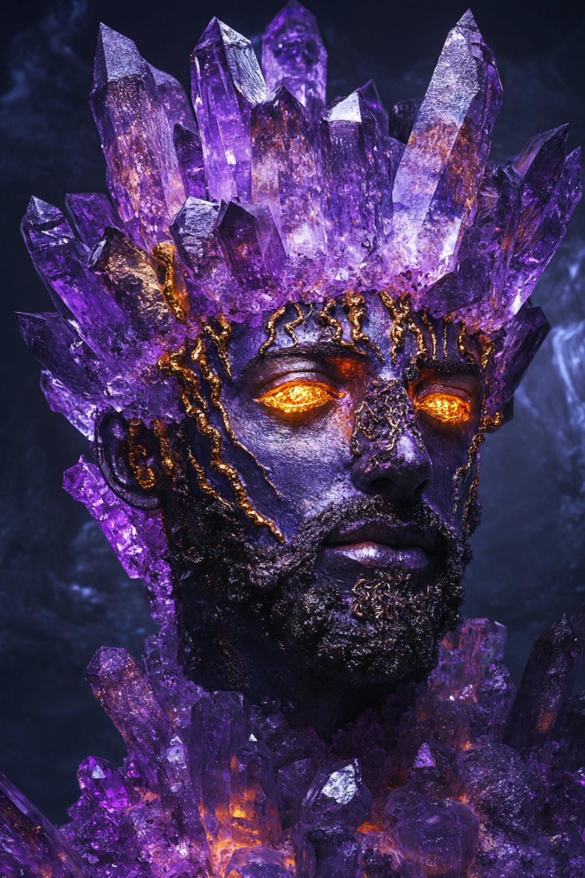 🟥A unique portrait of the king of the mythical dungeon in the style of Giuseppe Arcimboldo, where his face and figure are created from crystals, stalactites and stalactites. The eyes are made of shining amethysts, the hair is made of glowing crystal clusters, and the lips are made of twisted gold veins. His arms are made of dark obsidian blades, and around his head is a crown of red-hot lava flows and waterfalls.
