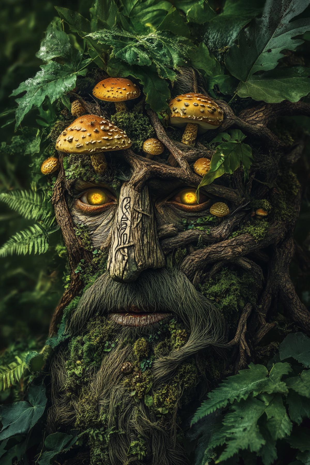 🟥 Portrait of an ancient lord of the forest in the style of Giuseppe Arcimboldo, whose face is assembled from elements of forest plants and mushrooms: eyes from luminous yellow mushrooms, a nose from moss and driftwood, and a mouth from smooth bark with ancient runes carved on it. A hair of long intertwining vines and branches with tiny leaves and berries. His ears are made of large fern leaves, and his beard is made of swirling green mosses and lichens, intertwined in complex patterns.