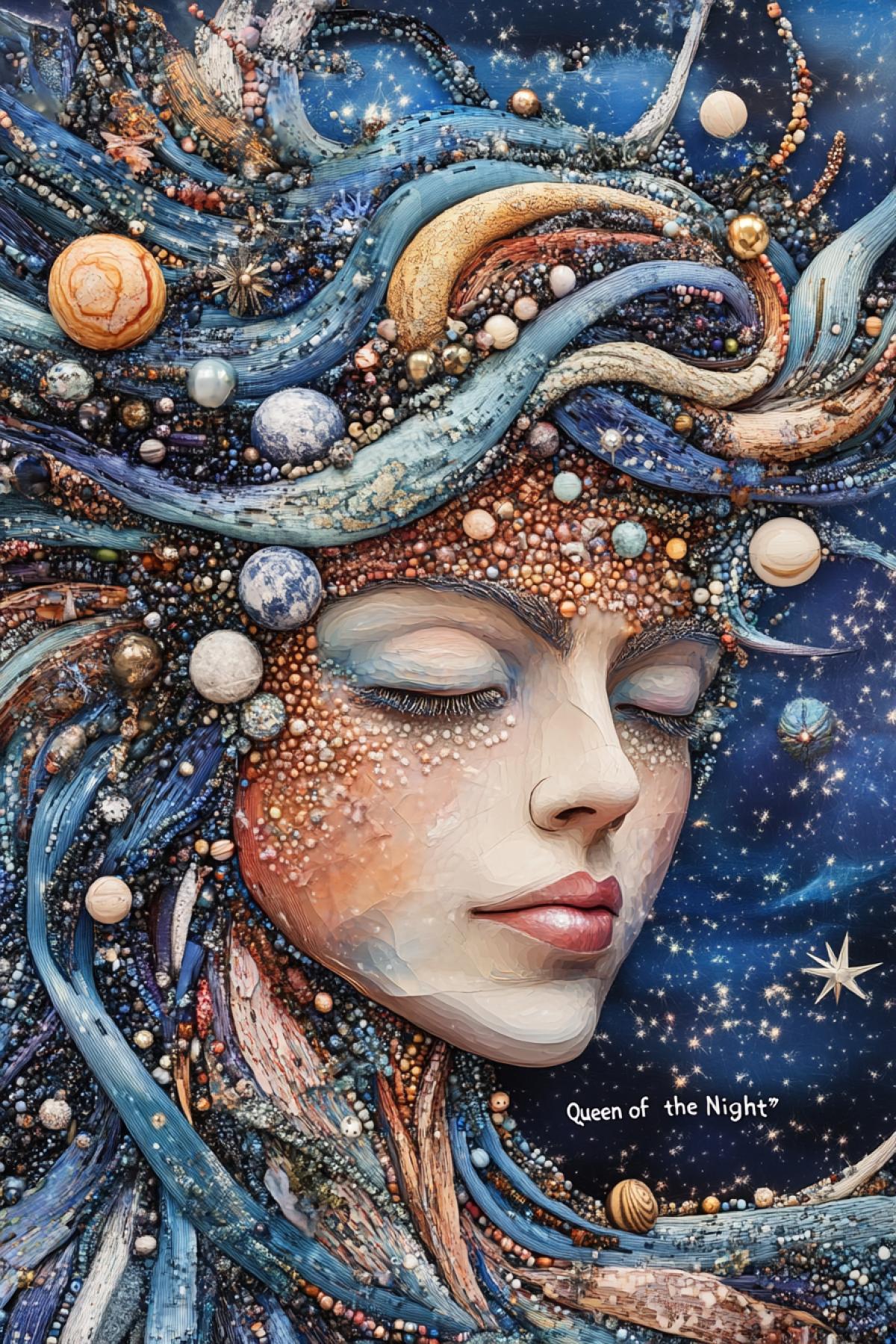 Portrait \"Queen of the Night\" in the style of Giuseppe Arcimboldo: the face and are assembled from objects associated with the night sky and space. The hair is made from intertwining stars and milky ways, the eyes are from brightly glowing planets such as Jupiter and Saturn. Her nose is made of a falling comet with a bright tail, and her mouth is made of two crescent moons connected in a smile. Her neck is made of a cosmic cloud filled with bright stars and dust, and her dress is made of dark and light constellations, shimmering like silk in the night sky.
