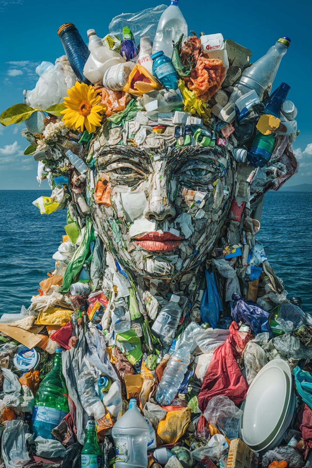 The portrait of the weary ancient Greek goddess Hera is com4kd of plastic waste in the style of Giuseppe Arcimboldo. The trash is diverse and very clearly depicted, featuring bags, disposable tableware, bottles, and other household waste. The background of the portrait is the ocean.