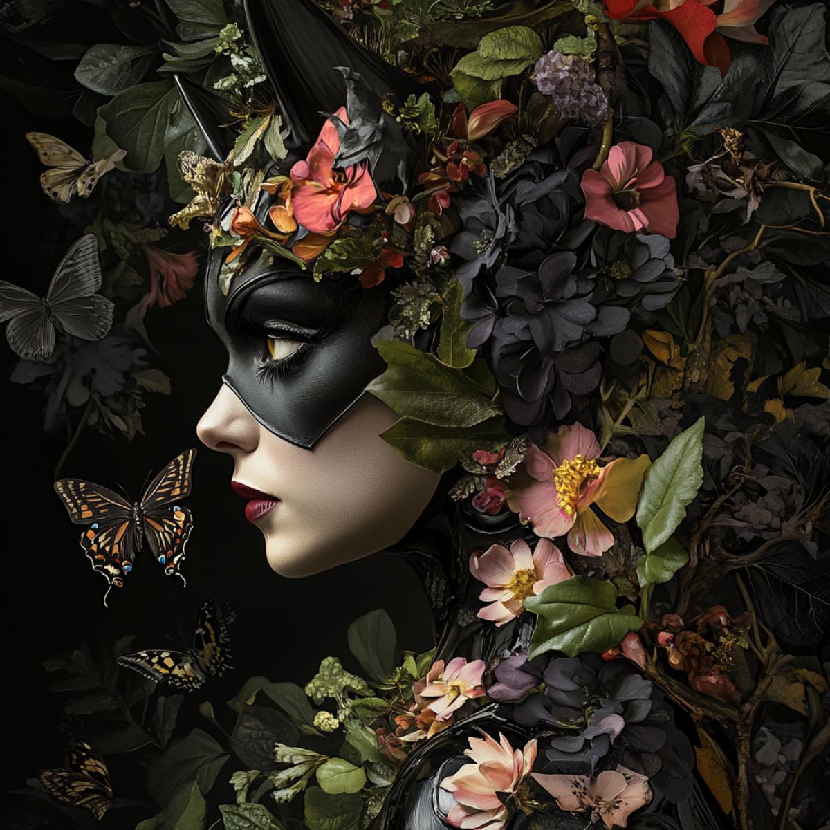 Comic book image of Catwoman in the style of Giuseppe Arcimboldo, com4kd of dark flowers, leaves and butterflies, on a dark background