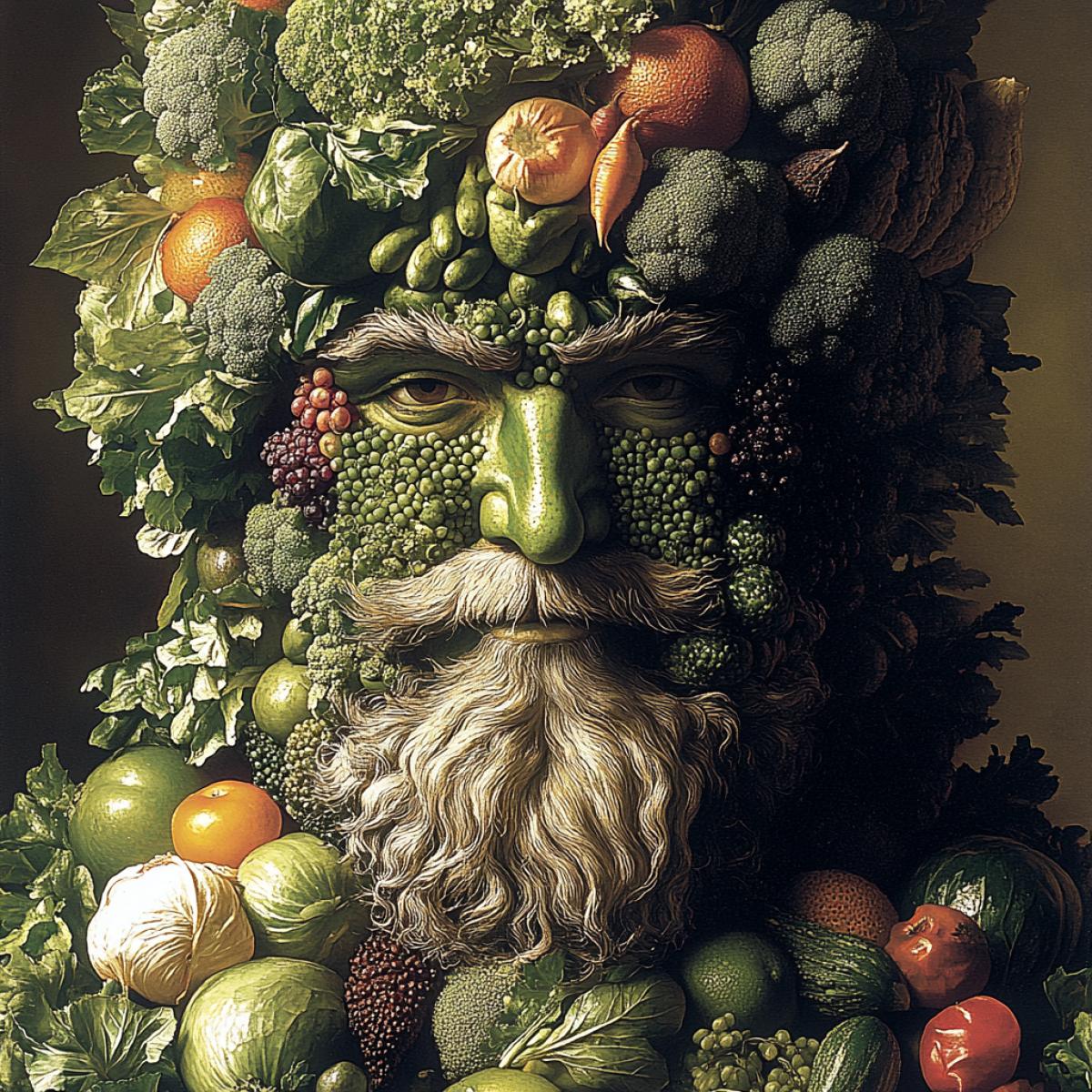 Art of Giuseppe Arcimboldo, Portrait of a small child com4kd of fruits and vegetables, Art of Giuseppe Arcimboldo Oil on canvas