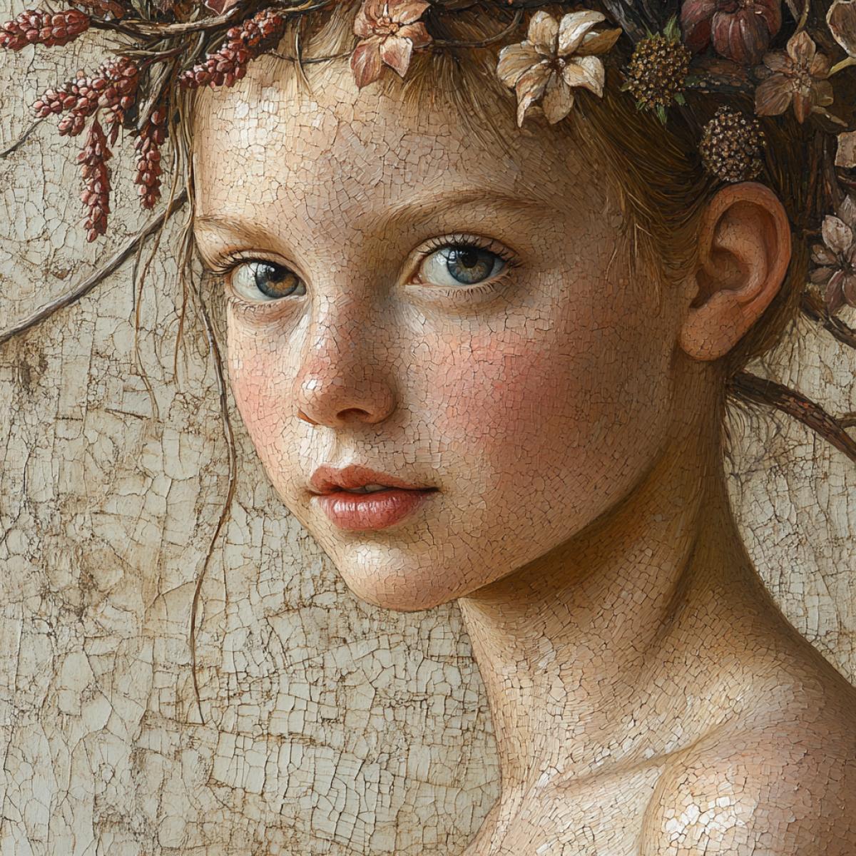 Art of Giuseppe Arcimboldo, Portrait of a young child made of flowers and leaves, in the style of Giuseppe Arcimboldo, Canvas, Oil