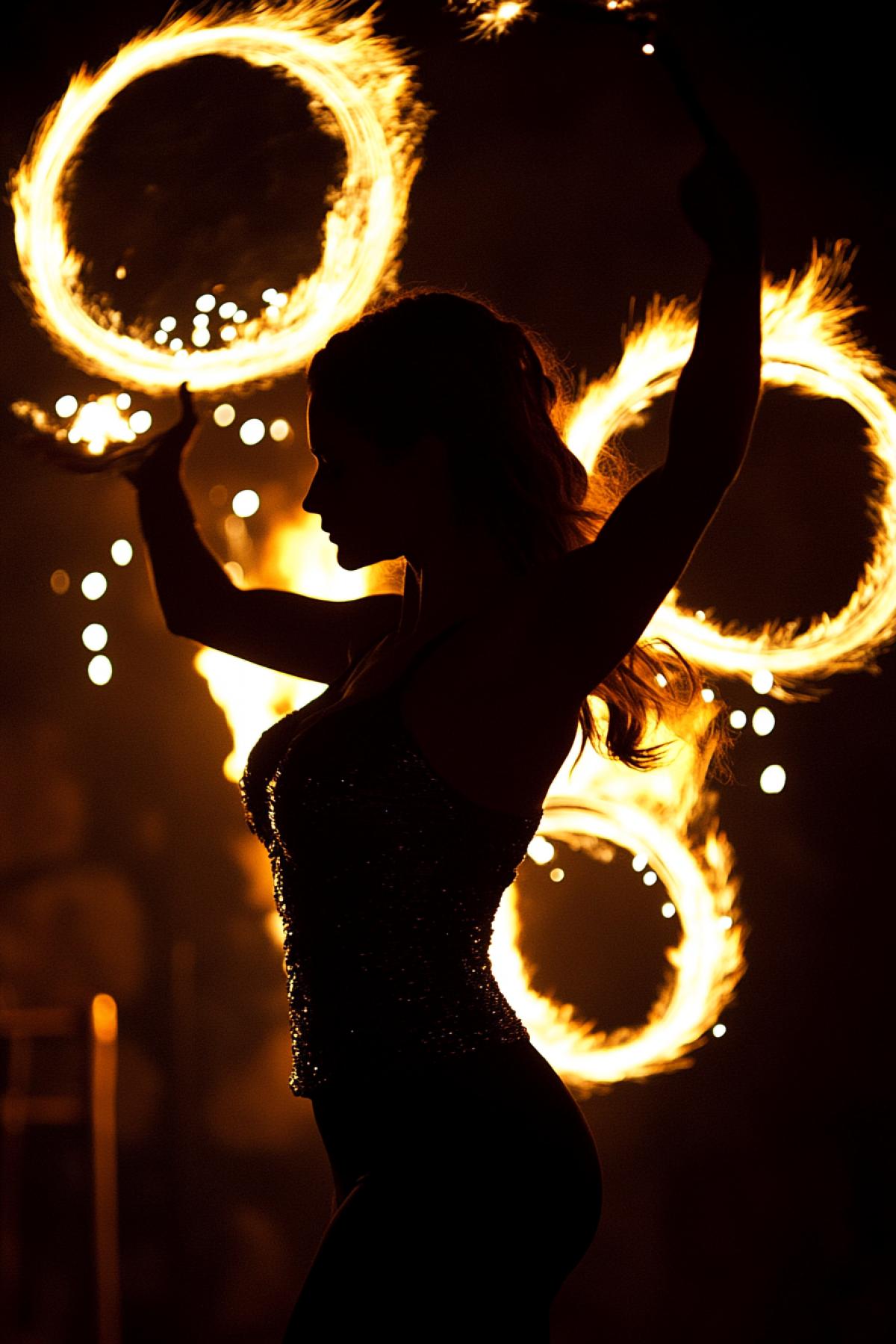 A slender female silhouette. In the background sparks of circular fireworks. Shot at slow shutter speed.