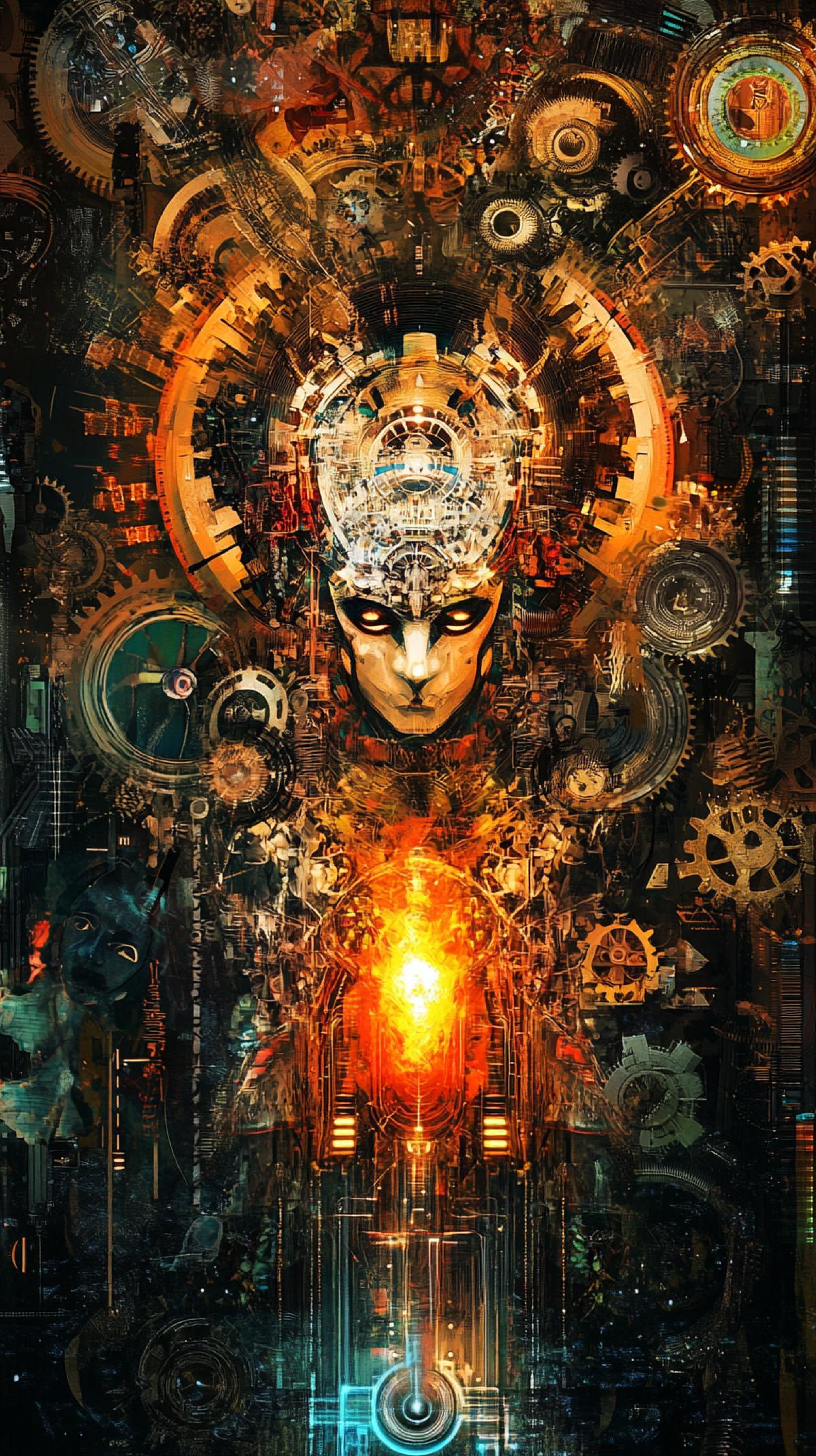 Ethno-techno collage with Indian totems, African masks, Asian ornaments and Slavic embroidery, intertwined with mechanical elements such as gears, wires and LED lights and natural three burning torches. Dynamic interaction of cultures and eras, bright colors and rich details, mixing past and future. style raw