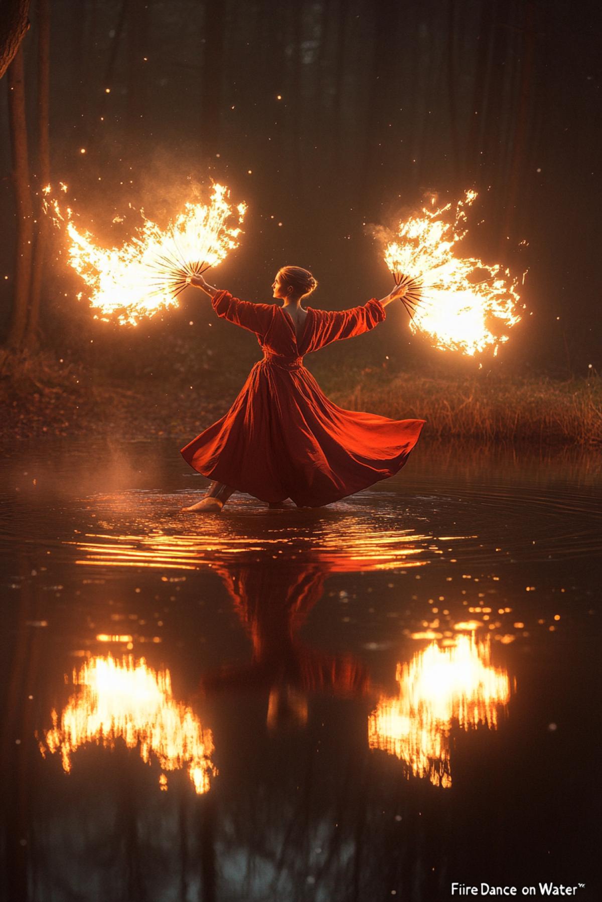\"Fire Dance on Water\": A ballerina in a red cloak and a light suit performing a graceful dance on the surface of a mirror lake. She holds two fiery fans in her hands, which create shining wings of fire around her figure. The water reflects the flame, creating the illusion of dancing on the fiery surface. There is a dark forest around the lake, and stars are visible in the sky, adding to the magical atmosphere.