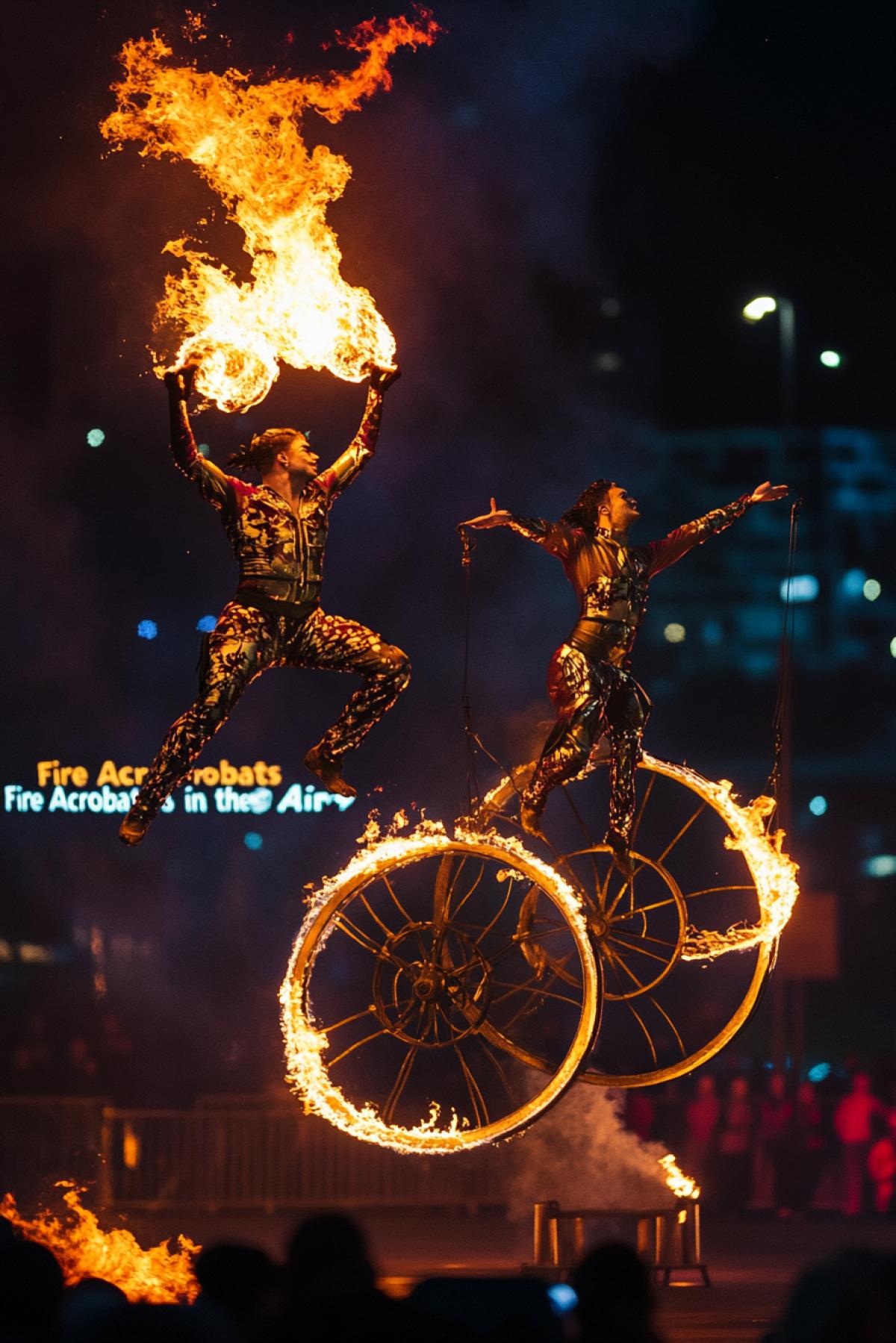 \"Fire Acrobats in the Air\": Two acrobats in costumes decorated with fire elements perform dangerous stunts in the air. One of them jumps through fiery hoops suspended high above the ground, and the other performs acrobatic performances on big rotating wheels from which tongues of flame burst out. In the background is the city at night, and around their performance there are burning torches and enthusiastic exclamations from the audience.