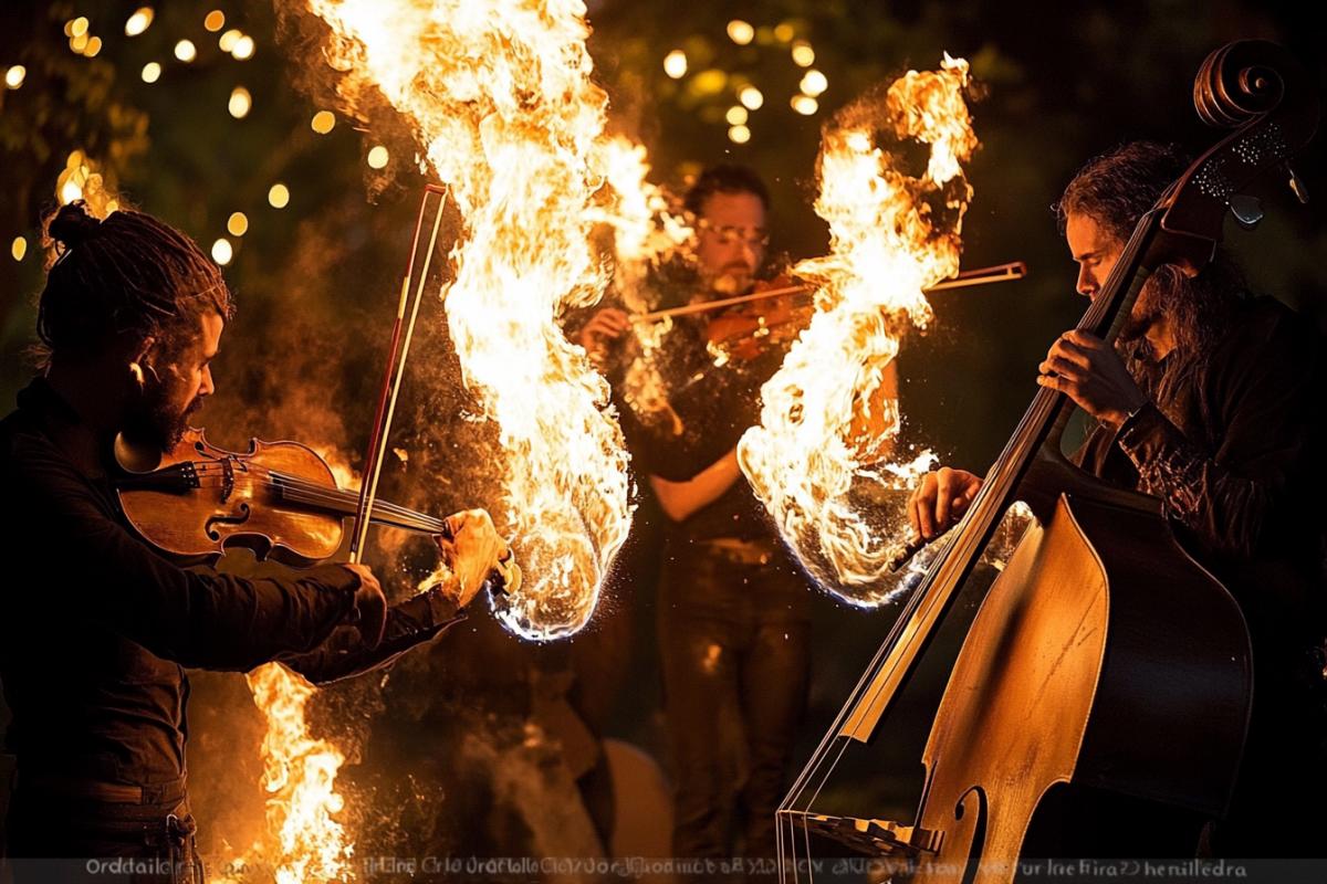 \"Fire Ordetailedra\": A group of musicians playing unusual musical instruments from which fiery sparks and jets of flame burst out. A fiery violin, a burning double bass, a drum with fiery sticks and even a fiery flute. All this takes place on an open stage in a night forest, illuminated only by the flames from their instruments. The dynamics of fire emphasize the power of music and its exciting energy.