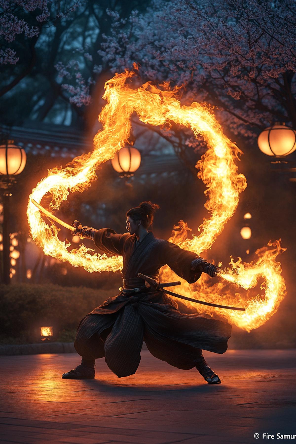 \"Fire Samurai\": A samurai-style warrior performing a spectacular dance with fire katanas in his hands. Each movement leaves a fiery trail, creating intricate patterns in the air. In the background is a night Japanese garden with illuminated lanterns and sakura trees shrouded in haze from the fire. The wind blows his kimono, and the light from the flames reflects on his armor, creating the impression of real fire magic.