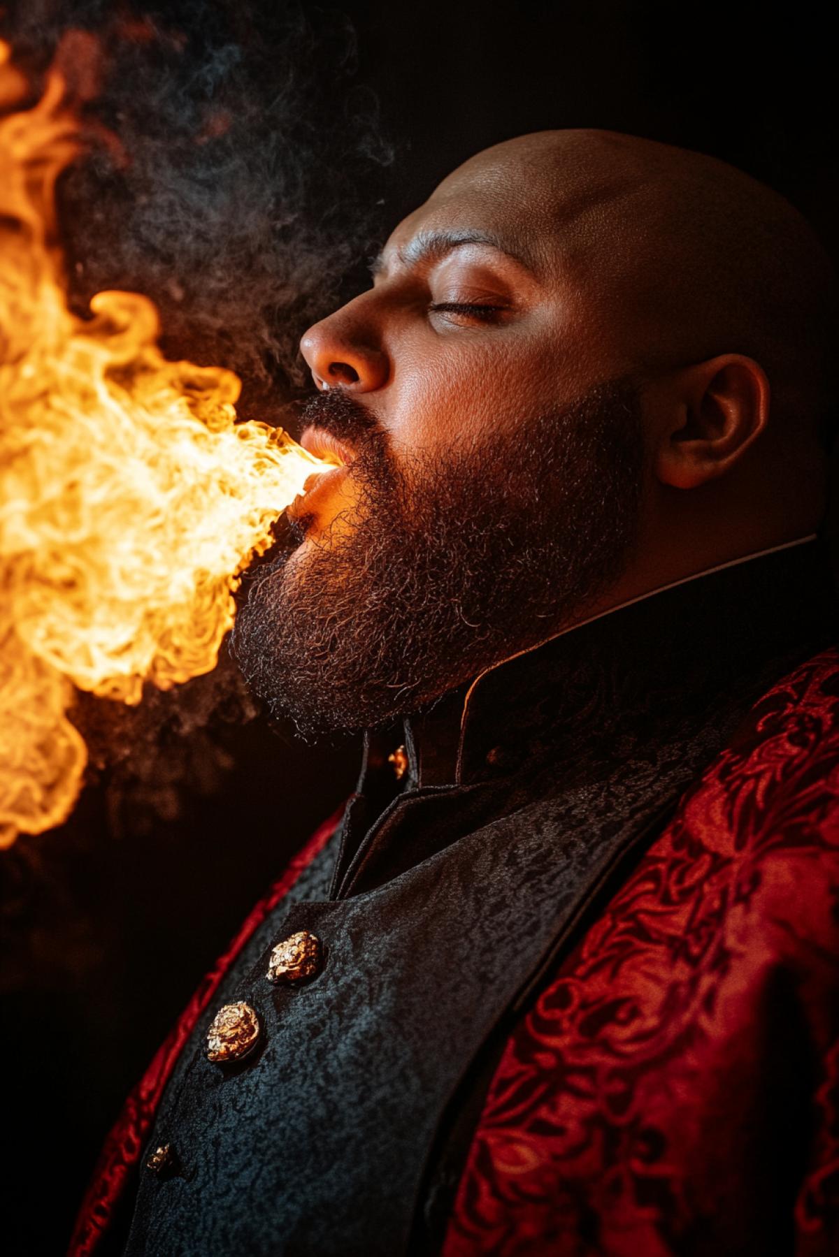 A fakir spitting fire at a fire show. Professional photo.