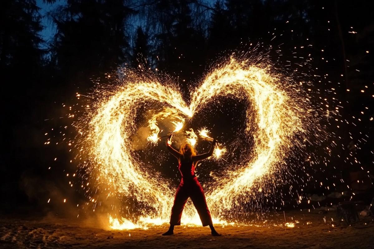 an impressive fire show with a pyrotechnic finale and lighting effects. A girl in a red and dark suit juggles with lit torches, light and sparks form a big heart, against the backdrop of a night forest, copper bowls with fire, the girl is wearing safety glasses, exciting, memorable choreography that perfectly combines elegance and strength.