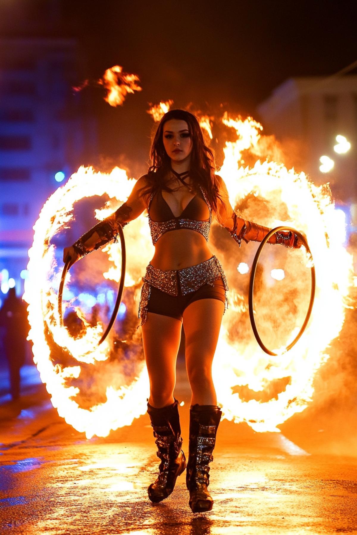 Enchanting fire show. with a pyrotechnic finale and lighting effects. A girl in a suit with metal sequins, shorts, boots on her feet, circling spinning lit large hoops in a large circle of fire, light and sparks, against the backdrop of a night city, copper bowls with fire, a young man walks around the circle with a lit torch in dark and red pants, open sports torso. exciting, memorable choreography that perfectly combines elegance and power.