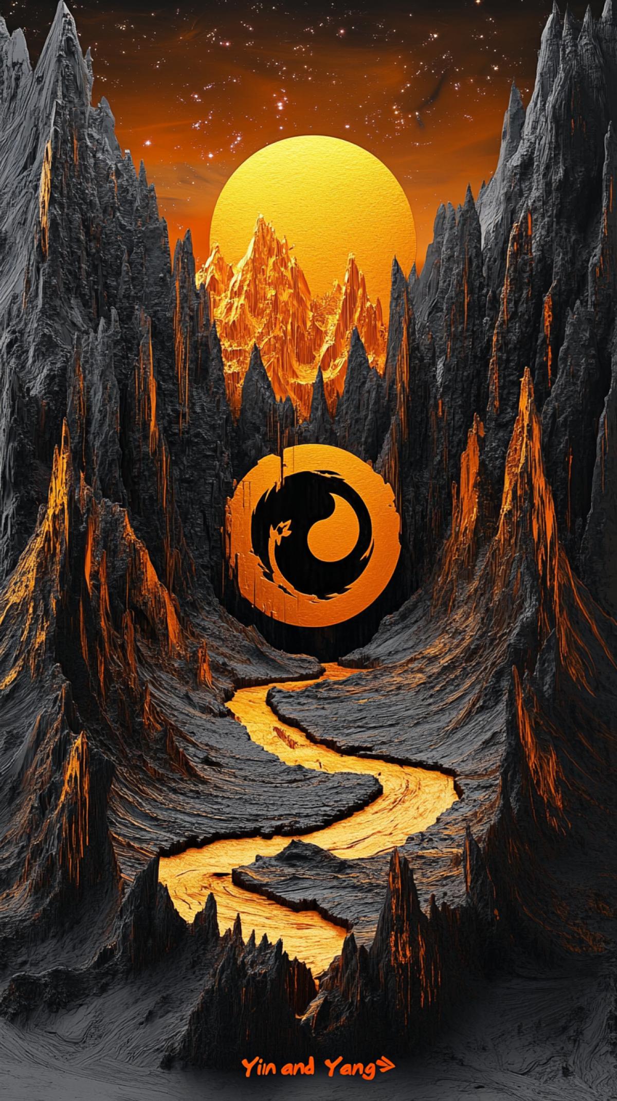 Volume acrylic, Golden and volcanic mountain elevation, with the emblem of the monads \"Yin and Yang\" with bright stars, thin cracks in the volcanic foothills form an emblem of infinity, showing a bizarre combination of mysticism and the power of nature, gloss, surreal atmosphere of multi-layered fairy-tale landscape, a fantastic masterpiece