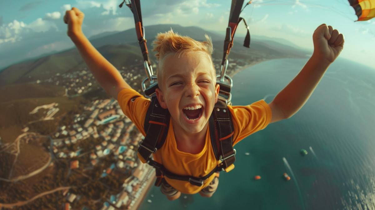 Boy jumping with a parachute, extreme, emotions, height,