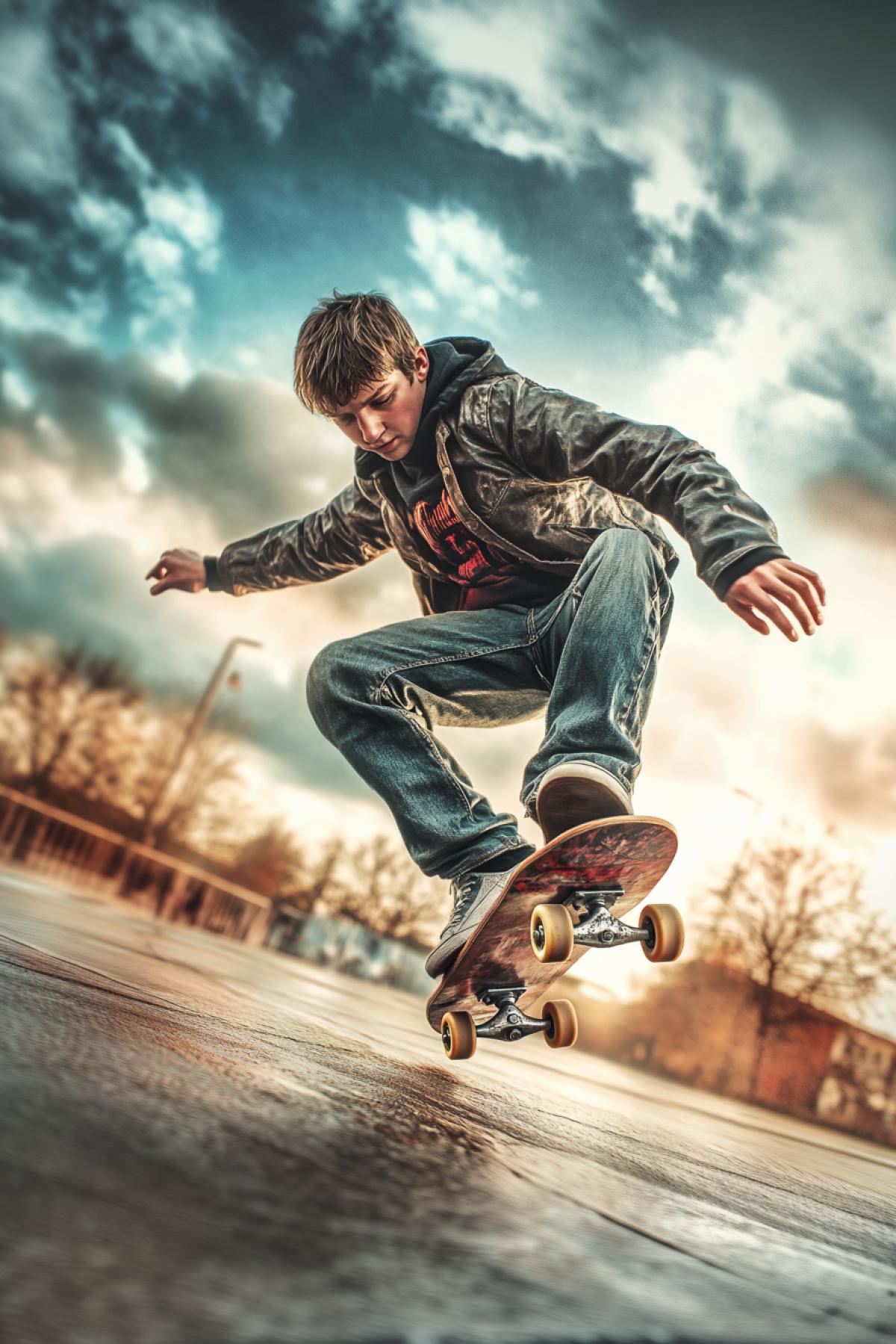 boy in a leather jacket riding a skateboard doing tricks, extreme, Linkin Park style, alternative, flickering, realistic image, photoshop