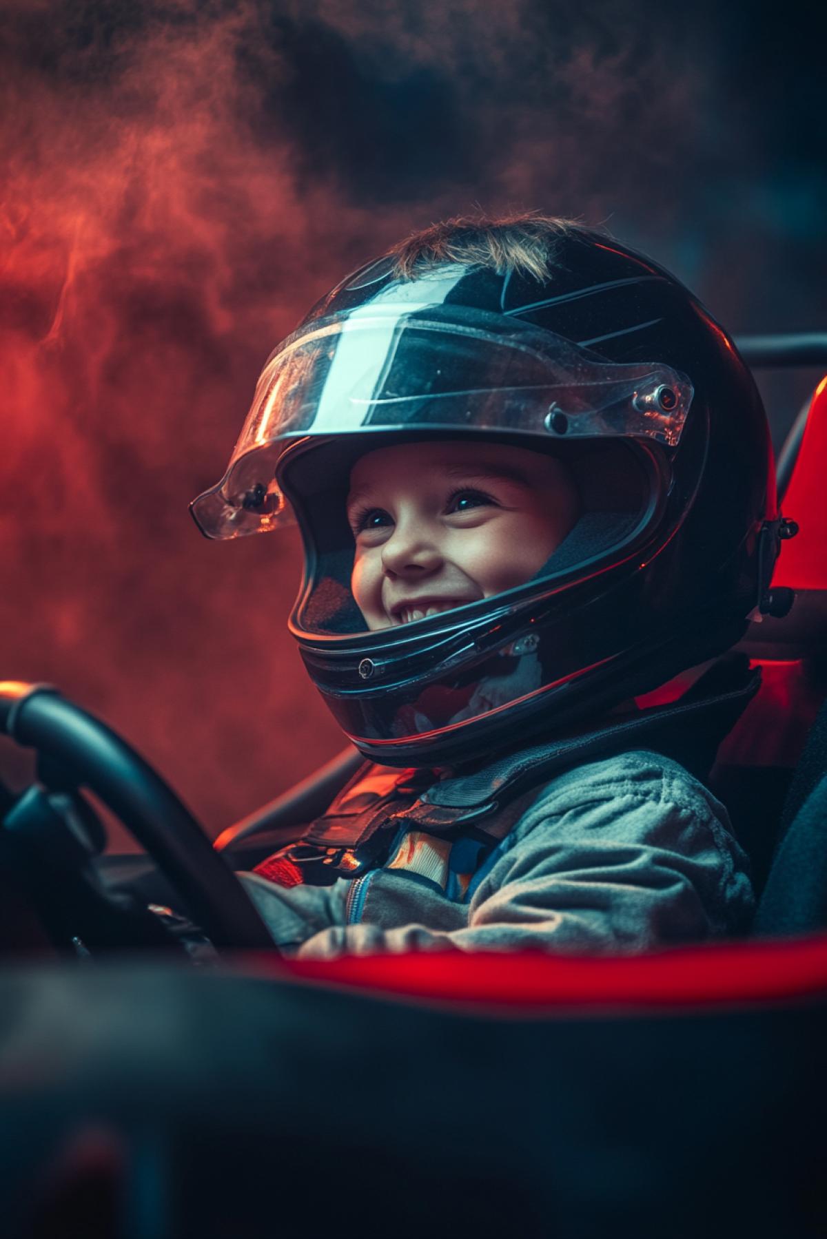 Little playful boy smiling pilot of formula1 in the car full size dynamics rush dust clouds detailed photo red and dark colours dominate side view