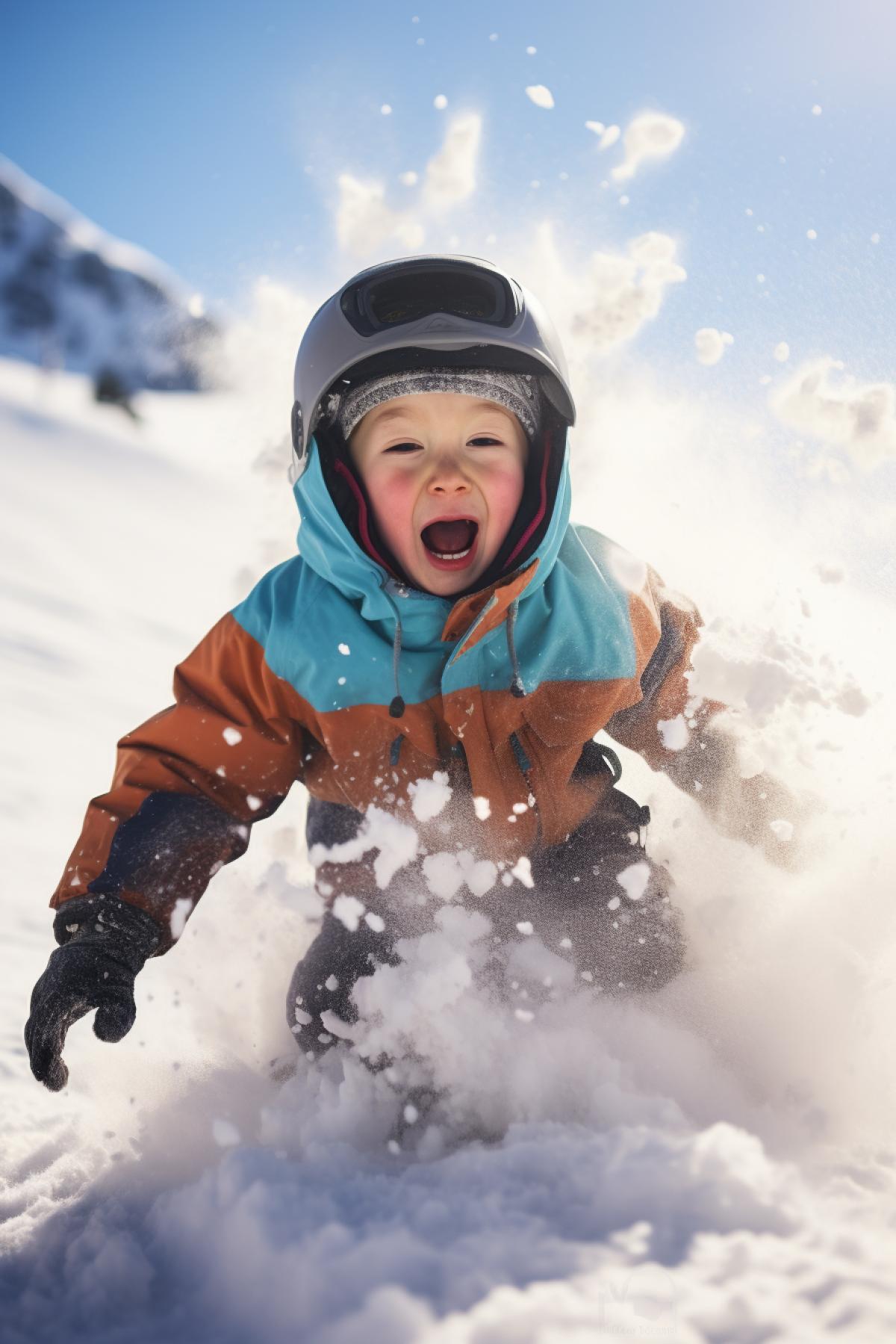A child on a snowboard in full gear with a grimace of horror on his face runs away from an avalanche