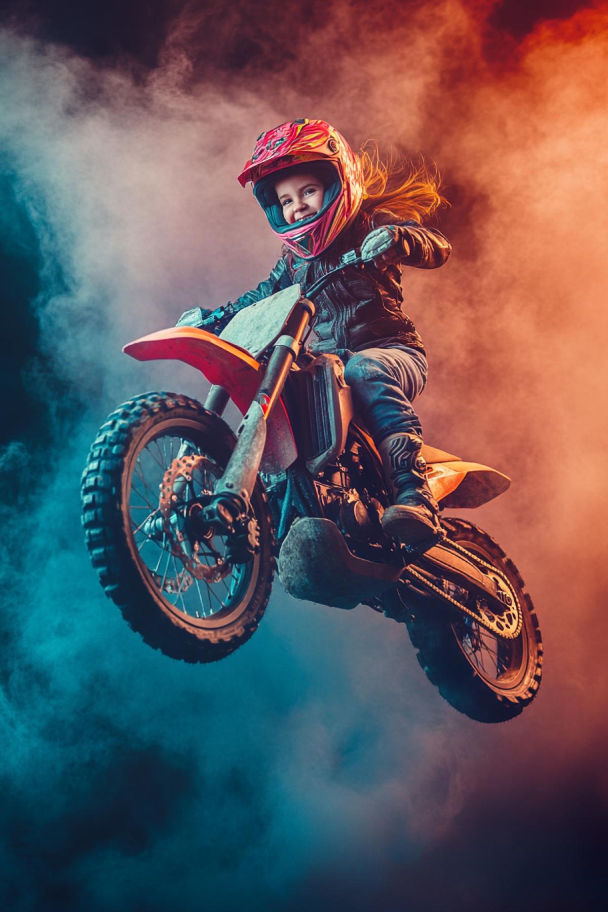 Cute little smiling girl riding sport motor bike flying up in air vibrant colours extreme sport dark background smoke around low side view