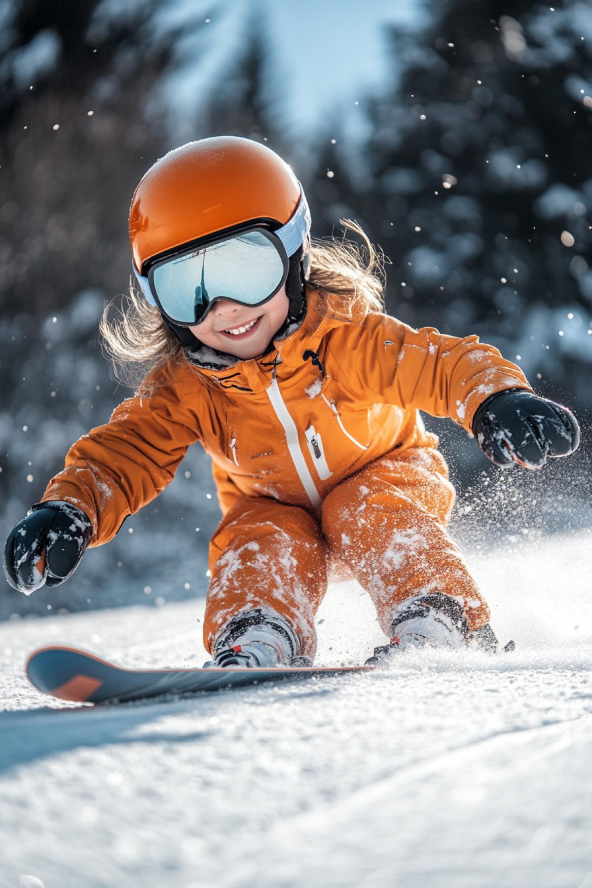 Cute little girl smiling professionally skiing snowboard downhill full height extreme sport virage snow dust low view one colour orange