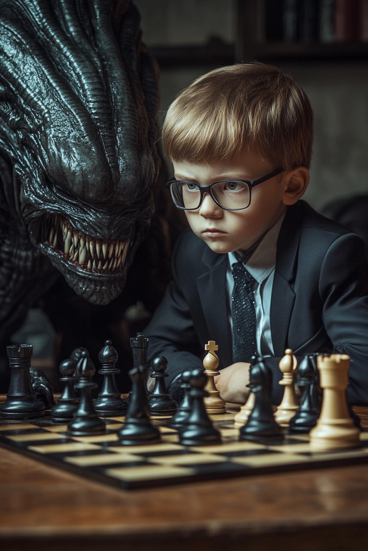 Smart little boy suit tie glasses playing chess tournament against xenomorph sitting opposite at chessboard epic photo