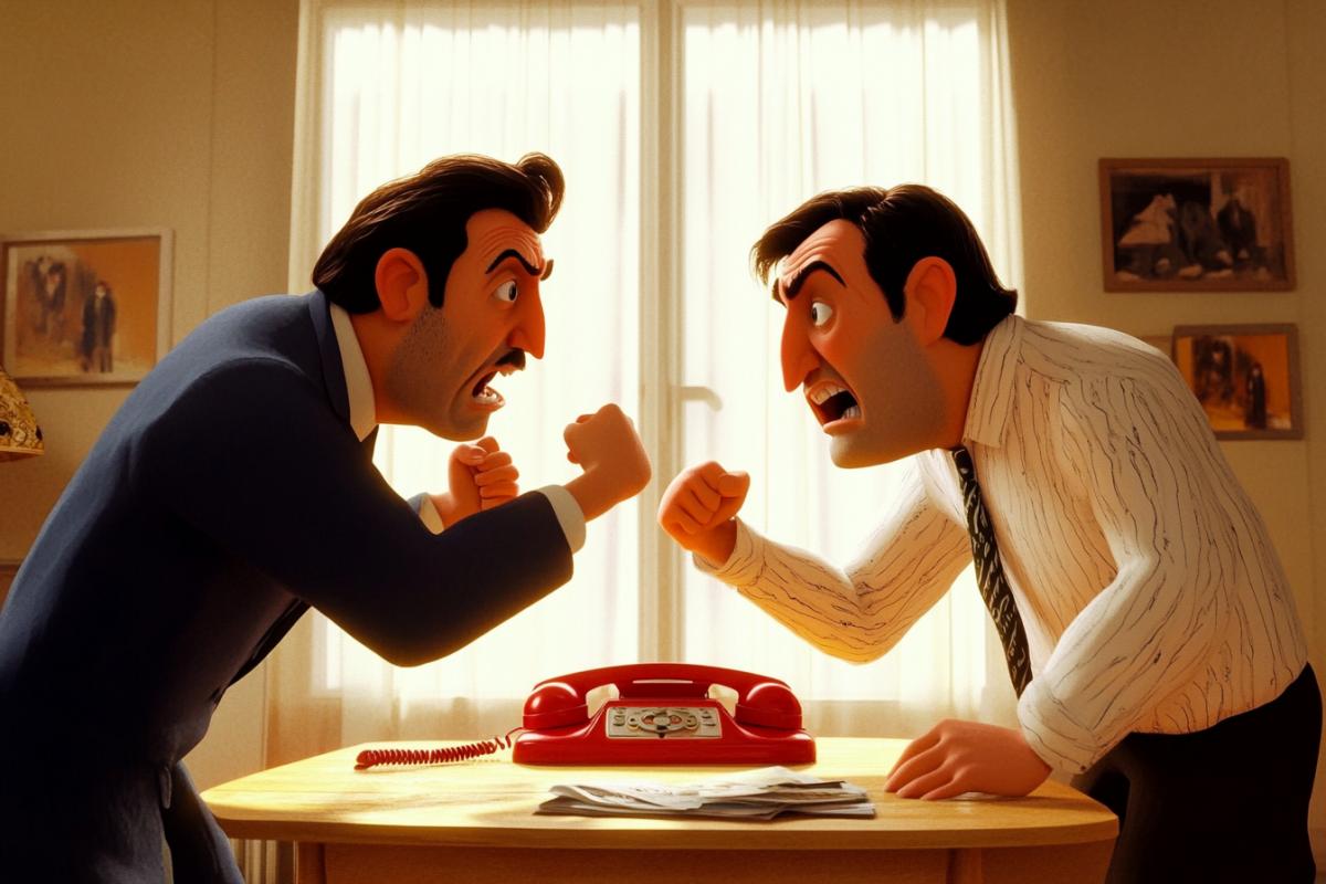 Scene in Pixar 3d illustration style two men arguing aggressively in hotel room at coffee table with big red retro style telephone near window Moscow behind the window