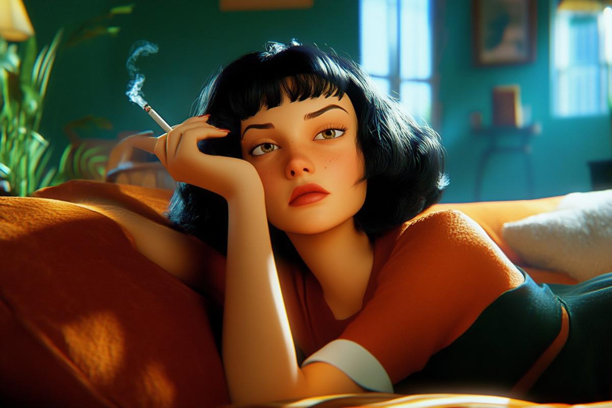 Scene in Pixar 3d illustration style young beautiful woman lying on elbows upon sofa smoking