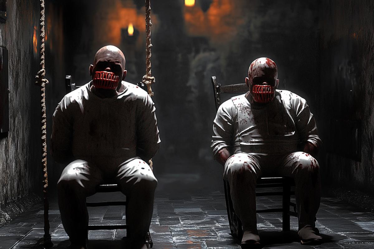 Scene in Pixar 3d illustration style two men gags in mouths imprisoned and tied unto chairs in cellar gloomy room