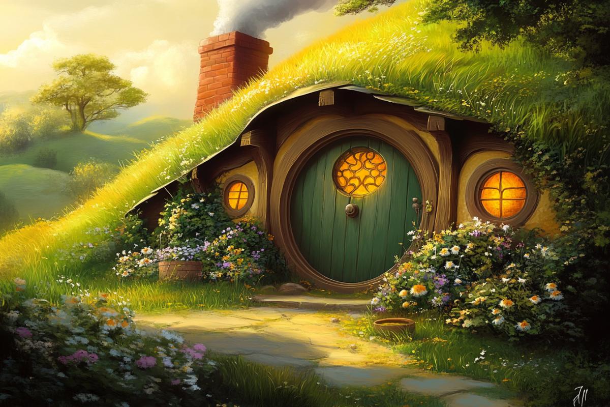 Cartoon style, The Hobbit at his cozy entrance to the hobbit house on a grassy hillside, a round door with an intricate pattern, blooming flowers and vines, warm golden light from the windows, a smoking chimney, a quaint and cozy atmosphere, cartoonish