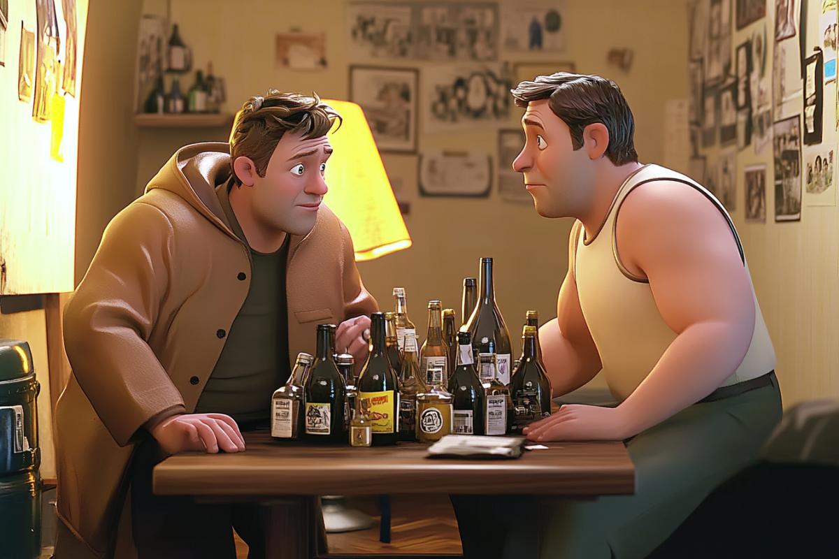 Scene in Pixar 3d illustration style two men at table full of empty bottles looking at each other one 4k raincoat the other trousers and sleeveless t-shirt