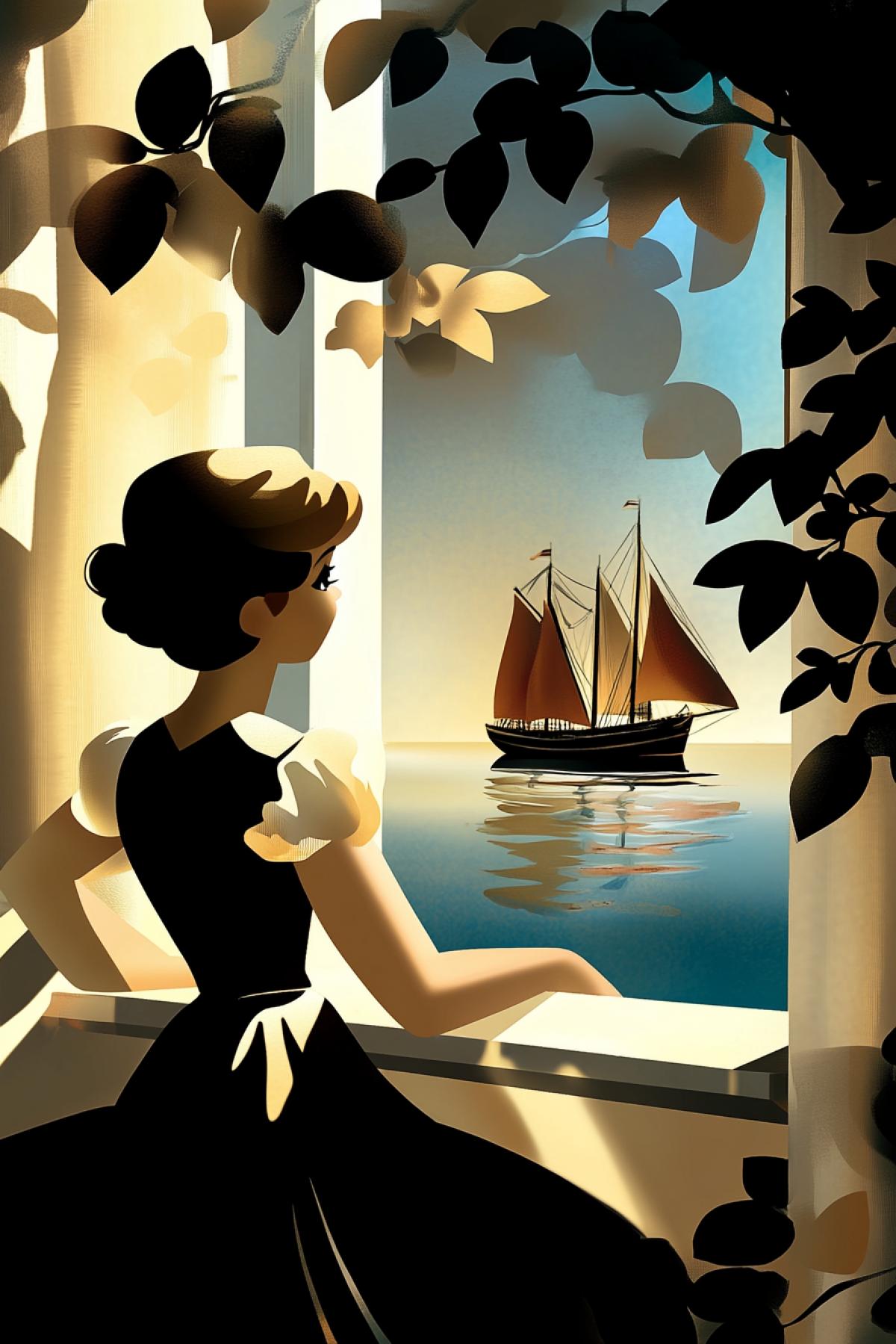In cartoon style, Assol looks out of his window at the sea, where a ship with scarlet sails is sailing in the distance, shadows from the foliage of the trees fall on the room and the girl, a charming cartoon postcard