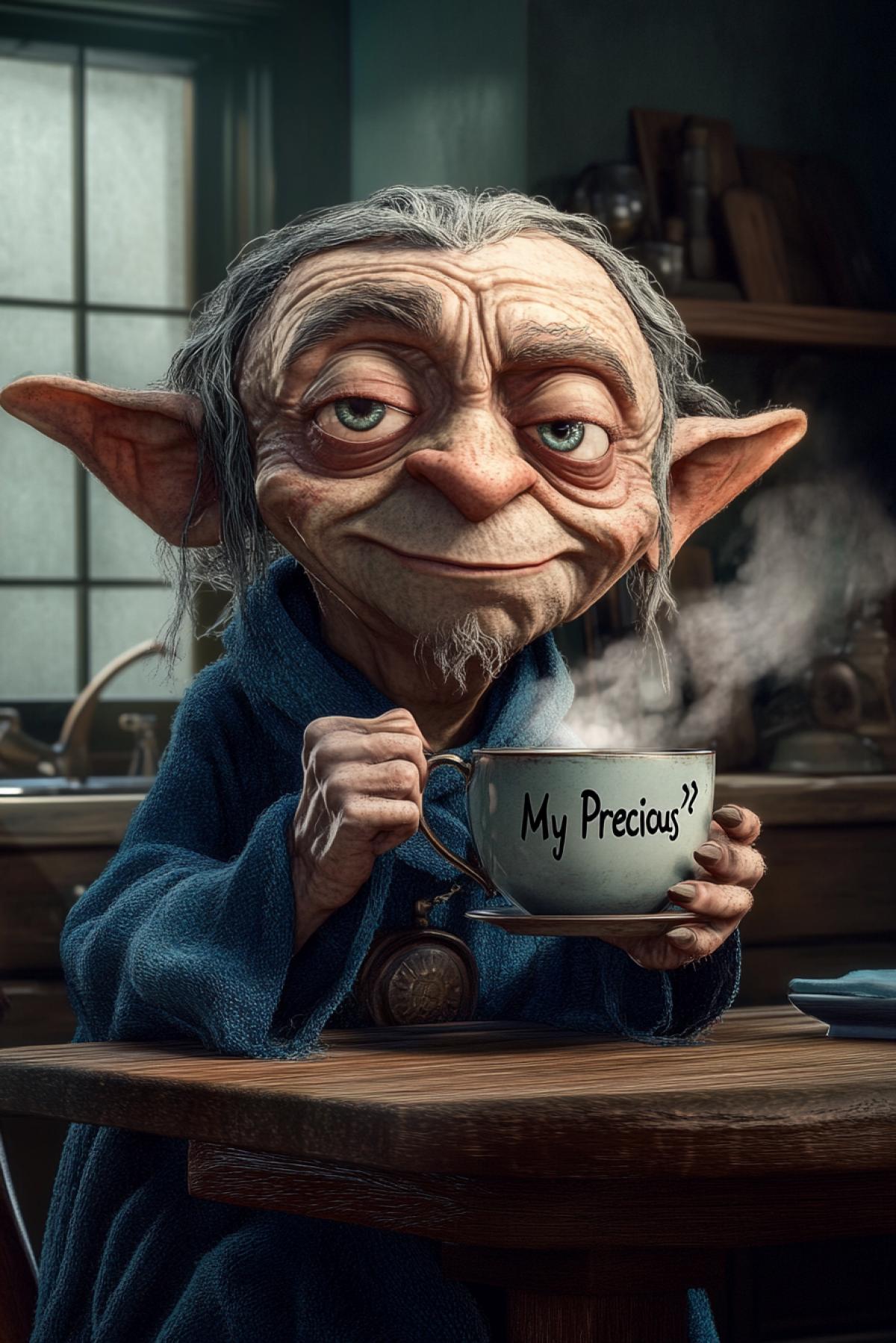 A cartoonish, Pixar-style image of Smeagol from The Lord of the Rings sitting at a kitchen table. He is wearing a blue robe. He is holding a steaming cup of hot coffee with the words \"My Precious\" written on the cup. He is wearing a ring on his finger.