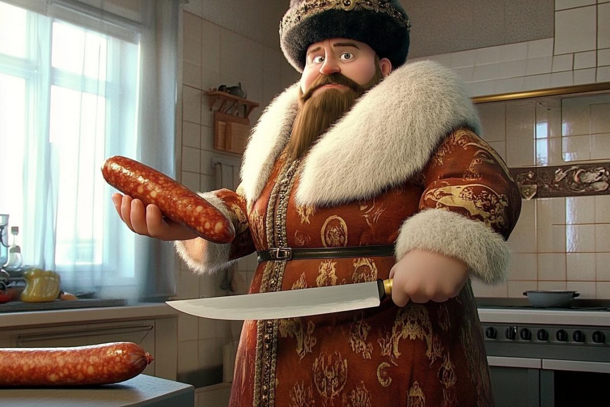 Scene in Pixar 3d illustration style russian tzar wearing furcoat standing in the kitchen holds sausage with giant knife