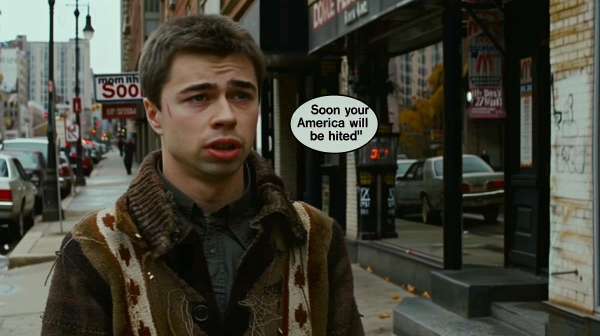 A character from the film \"Brother 2\" says the speech bubble \"Soon your America will be hited\" against the backdrop of New York City, drawing in the style of Marvel comics, maximum details