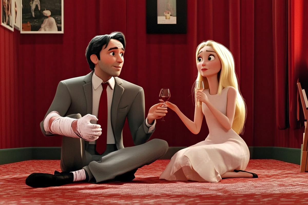 A man with one arm in plaster bandage another hand healthy grey suit tie dark footwear sitting on the floor next to the most beautiful blond longhaired woman wearing light-minded dress holding wine glass hotel room red walls 3d Pixar illustration of the scene