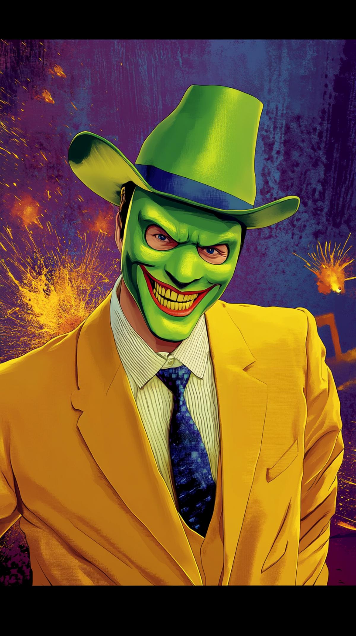 An image of Jim Carrey as the Mask, depicted in a cartoon style. He should be wearing a bright green suit with his signature grin and exaggerated facial features. The background should be vibrant and colorful, featuring comic book elements like explosions and sound effects to emphasize his energetic and comedic character. The atmosphere should be fun and dynamic, with playful lines and bright colors creating a sense of movement.