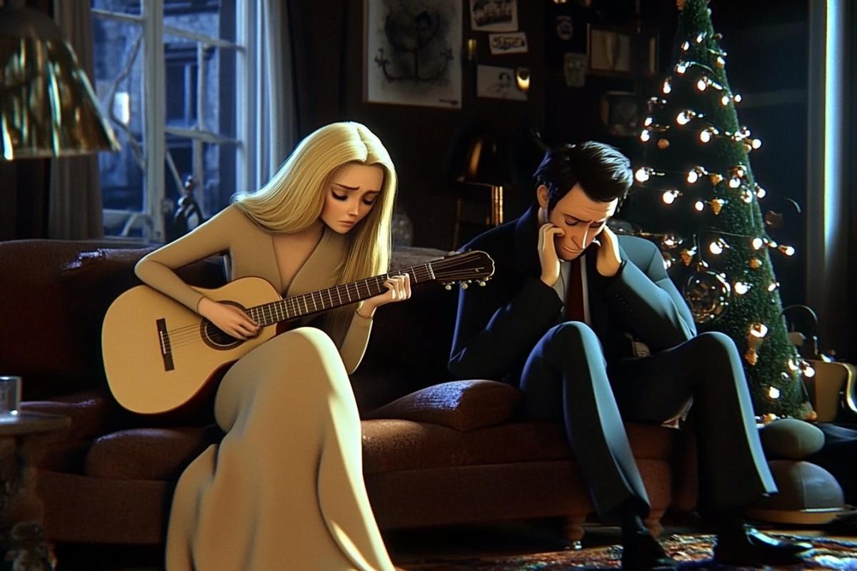 Beautiful blond longhaired woman with guitar sad beige dress in sorrow sitting and sad man face in hands wearing suit are sitting on sofa back to back small newyear tree in corner Walt Disney illustration 3d Pixar illustration