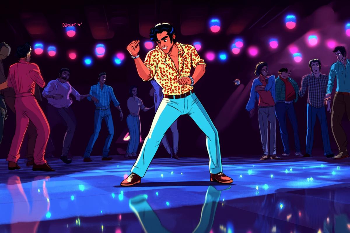 A plot from an Indian film \"Disco Dancer\" in cartoon style