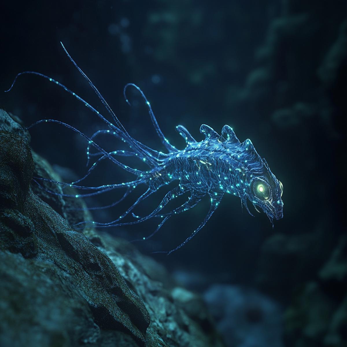 A photorealistic underwater shot of an unknown deep-sea creature with complex, alien-like anatomy, long tendrils, glowing bioluminescent patterns across its skin, swimming slowly near a deep ocean trench, dim ambient lighting with soft blue and green hues, captured in a National Geographic documentary style