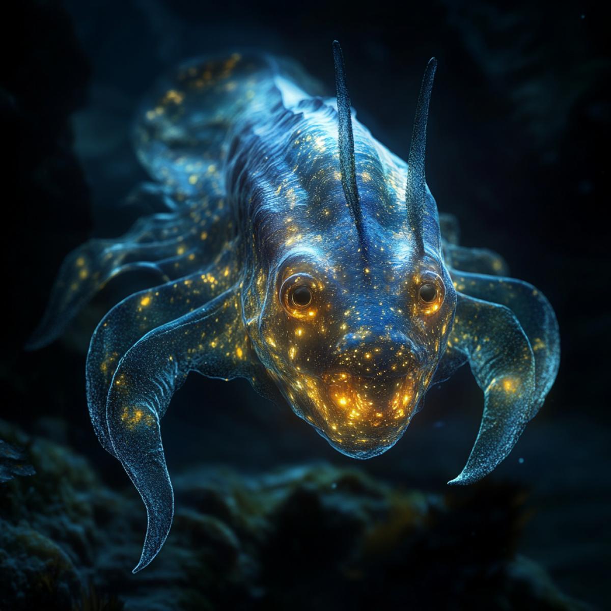 Imagine a documentarians camera capturing them in their natural habitat. Create realistic footage of creatures with exotic anatomy, strange shapes, or unusual bioluminescence. These should be images that could be part of a science film about deep sea mysteries.