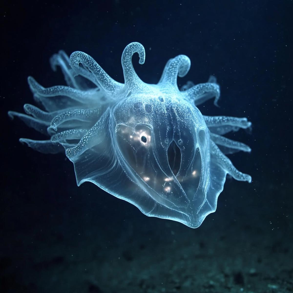 Imagine a documentarians camera capturing them in their natural habitat. Create realistic footage of creatures with exotic anatomy, strange shapes, or unusual bioluminescence. These should be images that could be part of a science film about deep sea mysteries.
