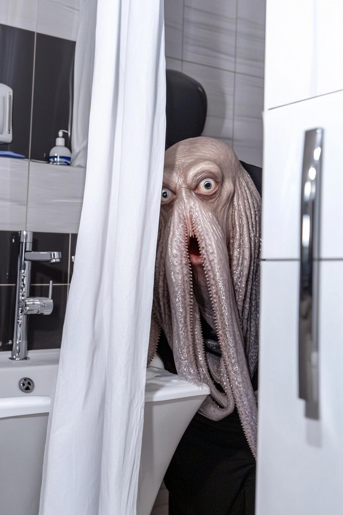 Cthulhu is bathroom water in the bathroom. He is half-hidden by the bathroom curtain. The photograph was taken unexpectedly for Cthulhu. He looks bewildered and disheartened. Cthulhu feels awkward. The photo is styled like a documentary by Jacques-Yves Cousteau.