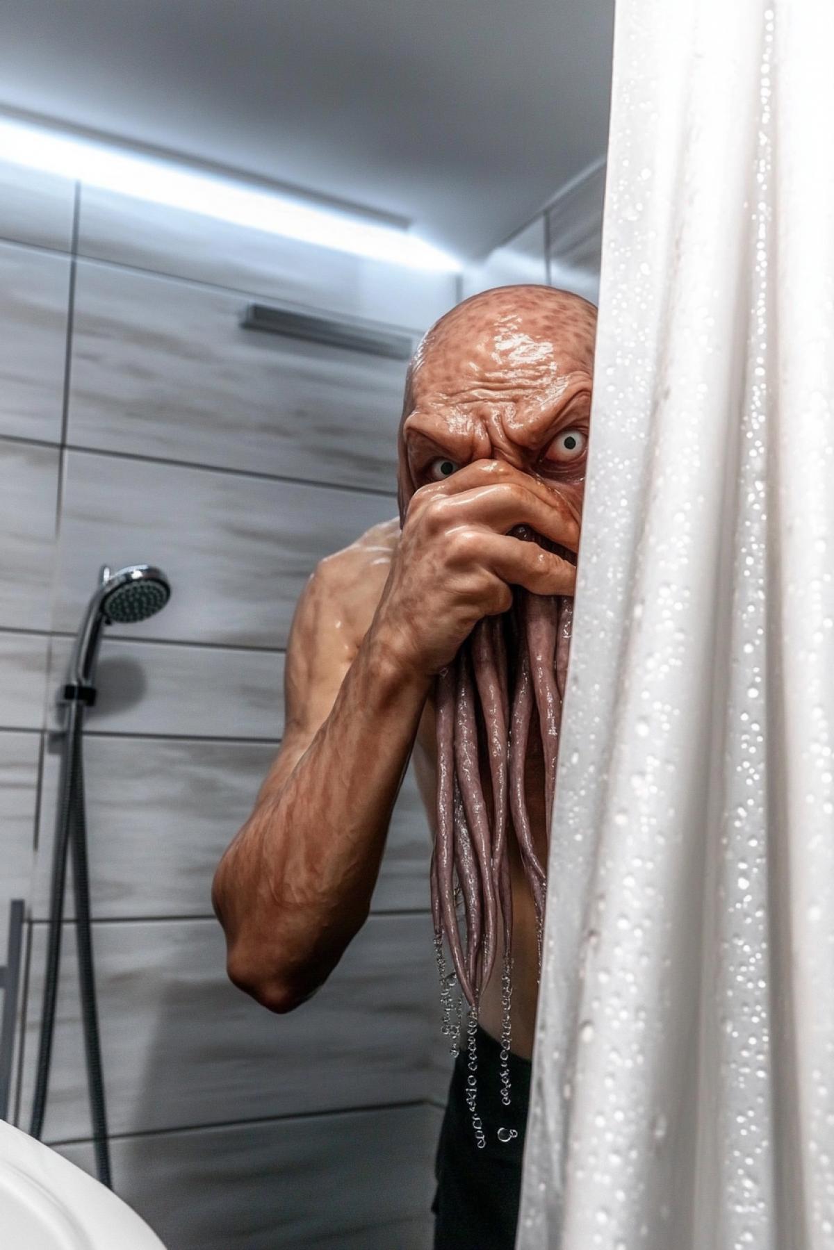 Cthulhu is bathroom water in the bathroom. He is half-hidden by the bathroom curtain. The photograph was taken unexpectedly for Cthulhu. He looks bewildered and disheartened. Cthulhu feels awkward. The photo is styled like a documentary by Jacques-Yves Cousteau.